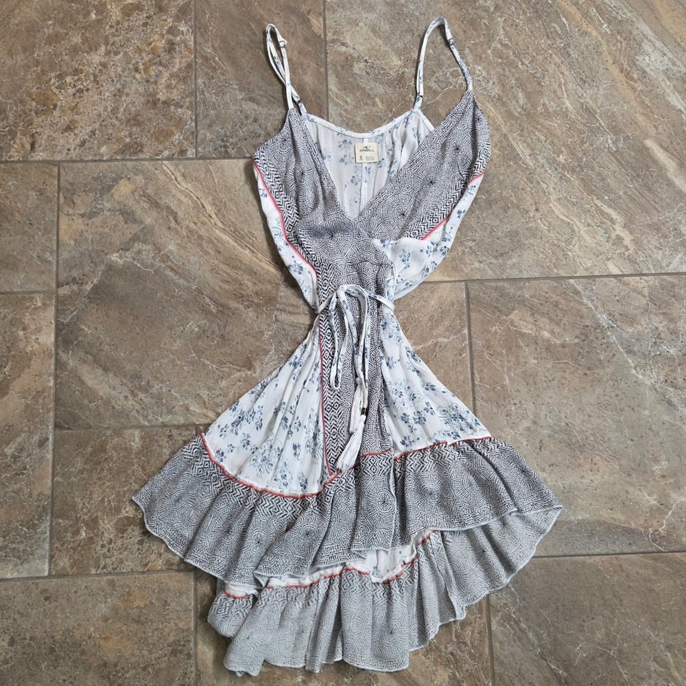 ONeill Womens Small Blue White Mixed Print Boho Ruffle High Low Mini Dress Sun